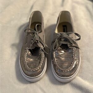 Women’s Sperry Silver Canvas Boat Shoes with Silver Sequins Size 4.5M